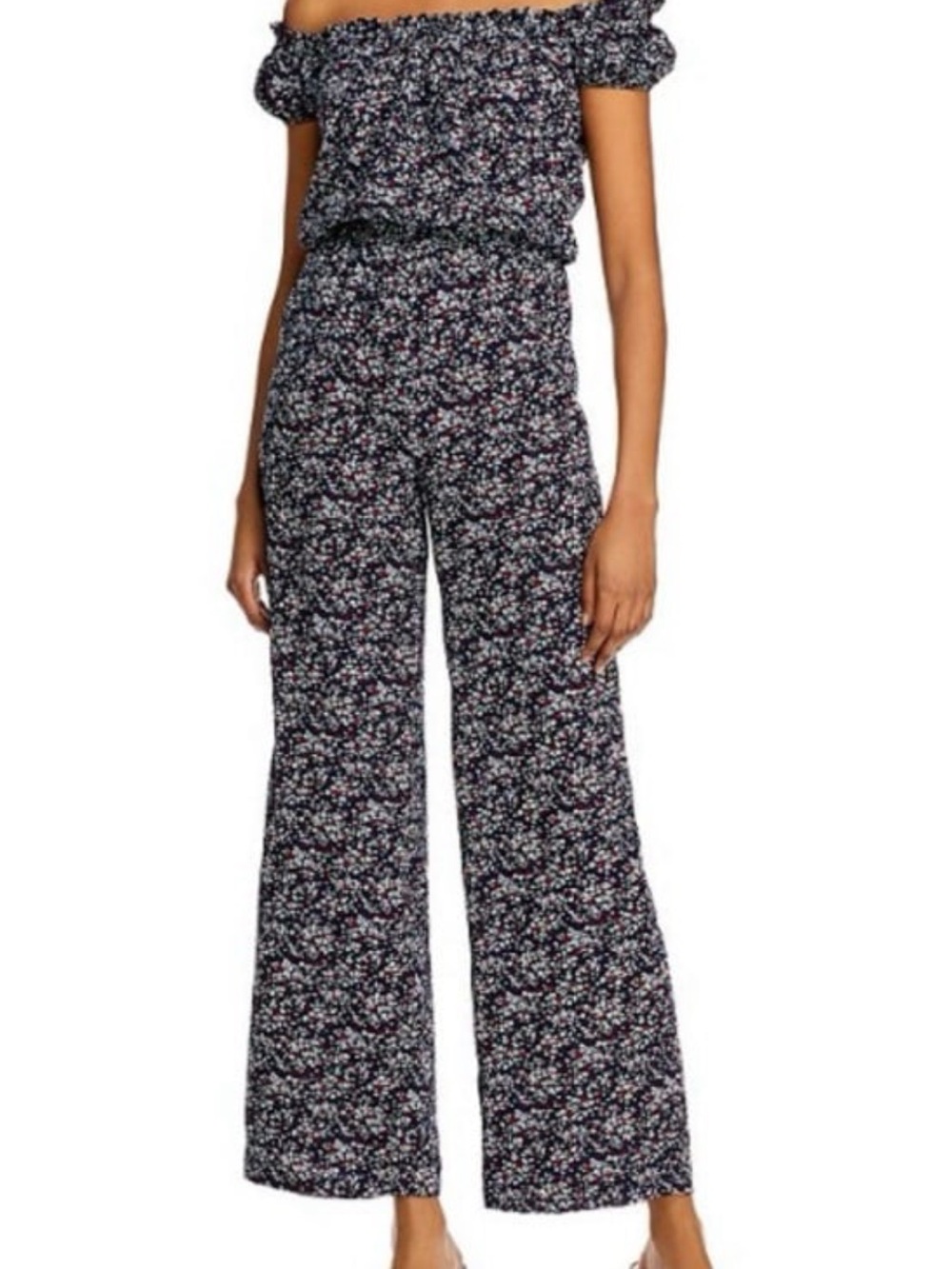Aqua Black Floral Off-Shoulder Wide-Leg Jumpsuit